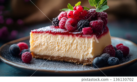 Slice of cheesecake with berries on top Slice of cheesecake with berries on top 136130702