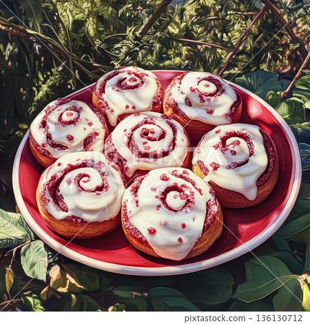 Plate of red and white cinnamon rolls with a white frosting swirl Plate of red and white cinnamon rolls with a white frosting swirl 136130712