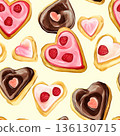 Pattern of heart-shaped cookies with chocolate and pink frosting 136130715