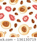 Pattern of coffee cups and other food items with a coffee cup in the middle 136130719