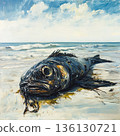 Fish is laying on the beach, with its head sticking out of the water 136130721