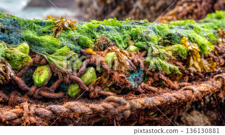 Rusty sea net covered with green algae and marine plants, ocean fouling, coastal pollution and marine ecosystem texture Rusty sea net covered with green algae and marine plants, ocean fouling, coastal pollution and marine ecosystem texture 136130881