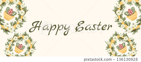 Horizontal Easter greeting banner with spring floral wreath and decorated eggs in Scandinavian style 136130928