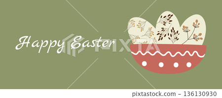 Easter greeting card banner with plate of Easter eggs and floral elements in Scandinavian style 136130930