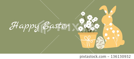 Easter greeting card banner with Easter egg, bunny and floral elements in Scandinavian style Easter greeting card banner with Easter egg, bunny and floral elements in Scandinavian style 136130932