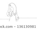 Continuous One Line Drawing of a Woman Experiencing Stress eps10 136130981
