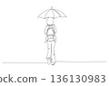 Continuous One Line Drawing of a Person Walking Alone Under an Umbrella eps10 136130983