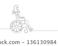 Continuous One Line Drawing of a Woman Sitting in a Wheelchair eps10 136130984