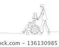 Continuous One Line Drawing of a Man Pushing a Woman in a Wheelchair eps10 136130985