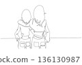 Continuous One Line Drawing of Two Women Standing Together with Arms Around Each Other eps10 136130987