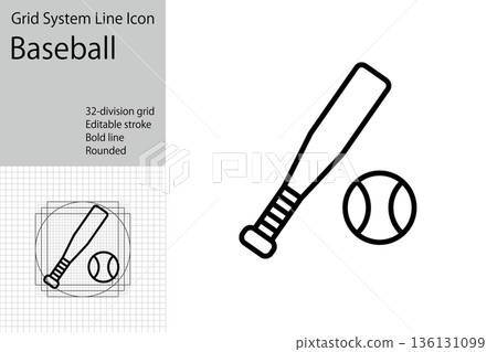 棒球圖示、金屬球棒和棒球圖示、可用於世界棒球經典賽 (WBC) 和美國職棒大聯盟 (MLB) 相關設計的棒球材料 136131099
