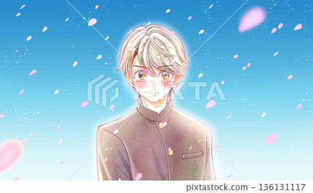Male student in school uniform, love, cherry blossom storm, blue sky 136131117