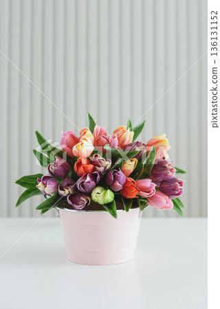 Tulip Bouquet in Pink Bucket. Romantic Valentines, Mothers Day or Birthday Floral Arrangement Tulip Bouquet in Pink Bucket. Romantic Valentines, Mothers Day or Birthday Floral Arrangement 136131152