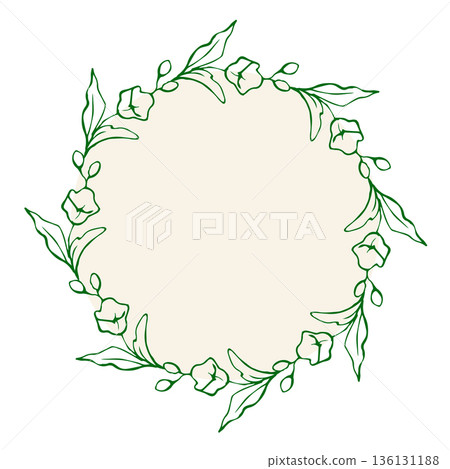 Whimsical floral circle frame. Hand drawn round illustration for invitation and greeting card 136131188