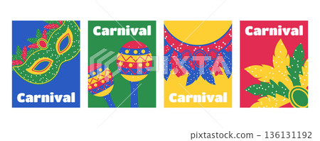 Brazilian Carnival greeting cards set colorful festival postcards with masks feathers and music elements Brazilian Carnival greeting cards set colorful festival postcards with masks feathers and music elements 136131192