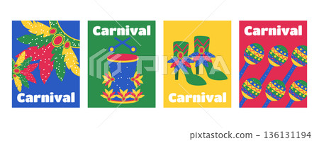 Set of greeting cards and banners for Brazilian Carnival with feathered masks costumes shoes headdresses and maracas Set of greeting cards and banners for Brazilian Carnival with feathered masks costumes shoes headdresses and maracas 136131194