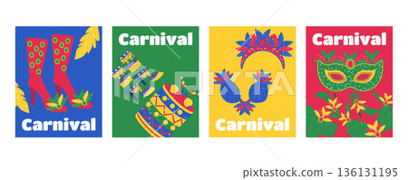 Set of greeting cards and banners for Brazilian Carnival with feathered masks costumes headdresses shoes and musical instruments 136131195