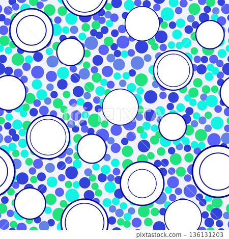 Large white circles on colorful bright background. Random geometric seamless pattern of different circles. Abstract tropical sea colors fresh background. Large white circles on colorful bright background. Random geometric seamless pattern of different circles. Abstract tropical sea colors fresh background. 136131203