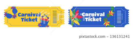 Set of entry tickets for Brazilian Carnival with feathers costumes shoes drums Set of entry tickets for Brazilian Carnival with feathers costumes shoes drums 136131241