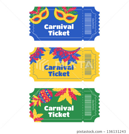 Set of entry tickets for Brazilian Carnival with masks feathers costumes and maracas Set of entry tickets for Brazilian Carnival with masks feathers costumes and maracas 136131243