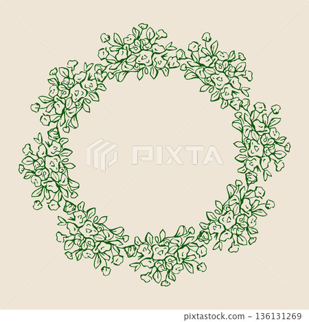 Outline circle frame with rose flowers. Hand drawn round illustration for invitation and greeting card 136131269