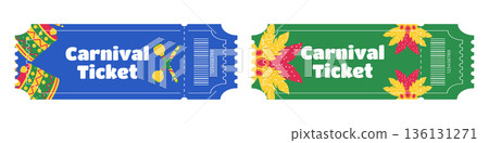 Set of entry tickets for Brazilian Carnival with feathers costumes drums Set of entry tickets for Brazilian Carnival with feathers costumes drums 136131271