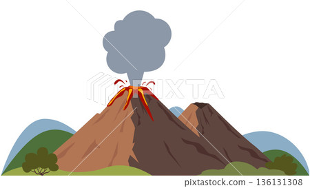 Erupting volcano. Natural volcanic activity. Volcanoes hot lava eruption. Mountains rocky hills with green grass. A volcano erupts with a plume of ash and flowing lava. Vector illustration 136131308