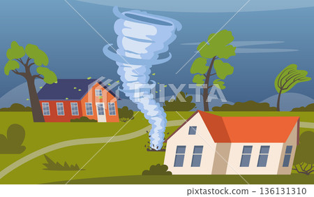 Tornado. Houses destruction with tornado catastrophe. Natural disaster with hurricane, power twisted storm, whirlwind, buildings damage. Countryside landscape. Vector illustration. 136131310