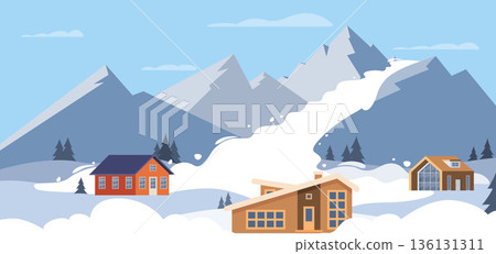 Snow avalanche natural disaster. Snowy mountains catastrophe, ice and snow descends on village houses, winter season cataclysm. Vector illustration 136131311