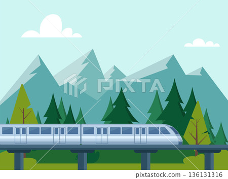 Beautiful landscape with a railway train on a bridge. Scene high-speed modern train rides on bridge among picturesque landscape. Vector illustration. Beautiful landscape with a railway train on a bridge. Scene high-speed modern train rides on bridge among picturesque landscape. Vector illustration. 136131316