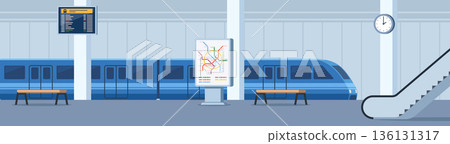Subway station interior. Train wait for passengers. Modern city infrastructure for citizens. Trip and travel in city. Transport at railroad undeground. Vector illustration 136131317