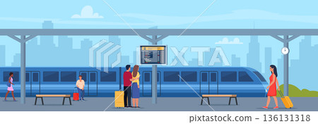Railway station. Train and passengers. Modern city infrastructure. Trip and travel. Transport at railroad in sunny day. Vector illustration 136131318