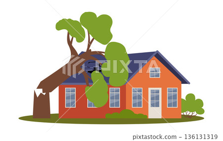 Broken tree fell on house. Crashed residential building with broken roof. Damaged house roof. Natural disaster. Vector illustration. 136131319