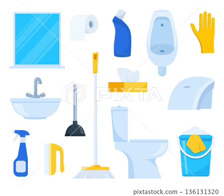 Public toilet element set, male female restroom, electric hand dryer, sensor water tap, wash hand with soap, paper towel dispenser. Lavatory bowl. Vector illustration. 136131320