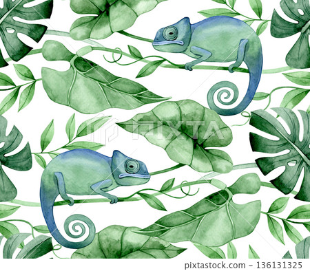 Seamless tropical pattern with plant leaves and chameleon lizard. 136131325
