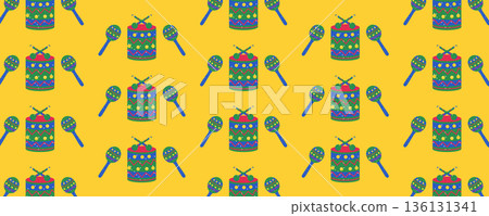 Carnival festival seamless pattern with drum, maracas and feathers on yellow background, Brazilian carnival, Mardi Gras Carnival festival seamless pattern with drum, maracas and feathers on yellow background, Brazilian carnival, Mardi Gras 136131341