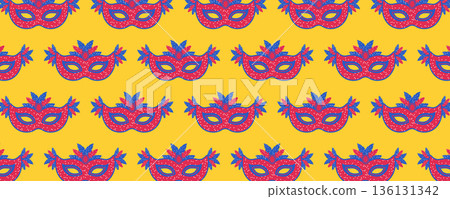 Carnival festival seamless pattern with carnival mask and feathers on yellow background, Brazilian carnival, Mardi Gras Carnival festival seamless pattern with carnival mask and feathers on yellow background, Brazilian carnival, Mardi Gras 136131342