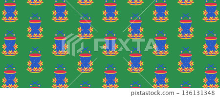 Carnival festival seamless pattern with drum and feathers on green background, Brazilian carnival, Mardi Gras 136131348
