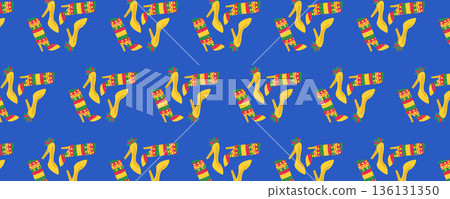 Carnival festival seamless pattern with carnival shoes and feathers on blue background, Brazilian carnival, Mardi Gras 136131350