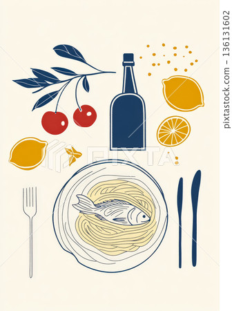 Plate of food with a fish on it and a bottle of wine 136131602