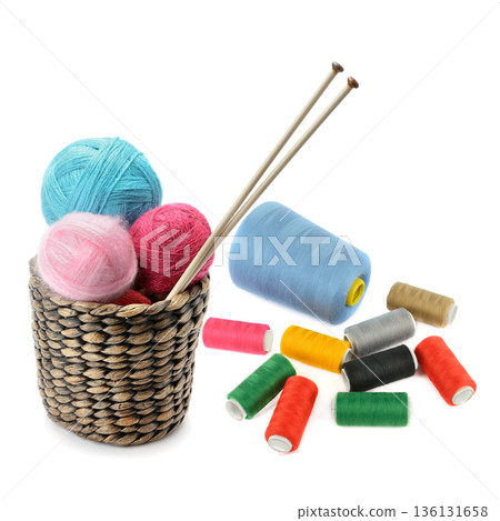 Crafting supplies set for knitting and sewing on white background Crafting supplies set for knitting and sewing on white background 136131658