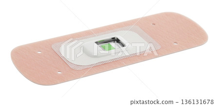 A smart bandage is placed on a surface. The bandage has a sensor in the center designed to monitor wounds. It will help track healing and detect infections. 136131678