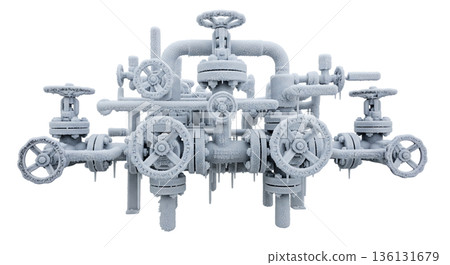 Frozen cryogenic valve manifold displays frost covering all pipes and valves. This equipment is used for cooling processes in various industrial applications. 136131679