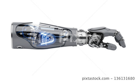 A detailed view of a cybernetic forearm prosthesis is shown in a workshop. The transparent panels allow a look at the inner workings, which include micro hydraulics. 136131680