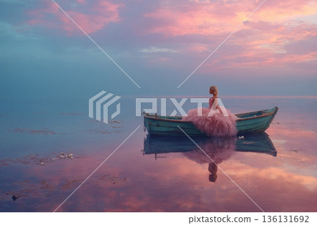 A beautiful woman in a luminous glowing pink dress sails a boat on a vast lake at dusk 136131692