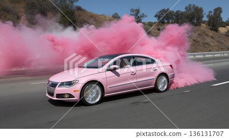 A glamorous pink car on the highway with pink smoke billowing out from underneath it A glamorous pink car on the highway with pink smoke billowing out from underneath it 136131707