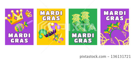 Mardi Gras vertical festival banners and greeting cards set with crowns, maracas, jester hat, shoes, costumes, beads and confetti Mardi Gras vertical festival banners and greeting cards set with crowns, maracas, jester hat, shoes, costumes, beads and confetti 136131721