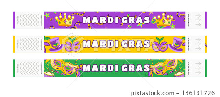 Mardi Gras Carnival Wristband Set with Masks, Crowns, Costumes, Jester Hats, Confetti and Drums 136131726
