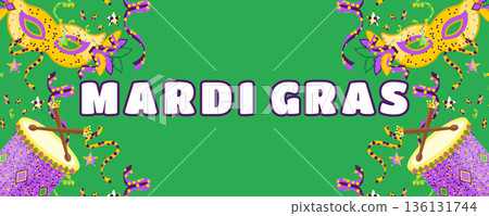 Green Mardi Gras Carnival Banner with Feather Masks, Drums and Confetti, Energetic Festival Background 136131744