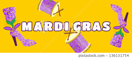 Yellow Mardi Gras Carnival Banner with Festival Shoes, Costumes and Drums, Dynamic Celebration Background Yellow Mardi Gras Carnival Banner with Festival Shoes, Costumes and Drums, Dynamic Celebration Background 136131754